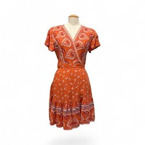 Elegant Orange Patterned Wrap Dress